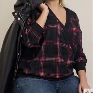 Torrid Brushed Waffle Surplice Drop Shoulder Top Womens Size 1X Black Red Plaid